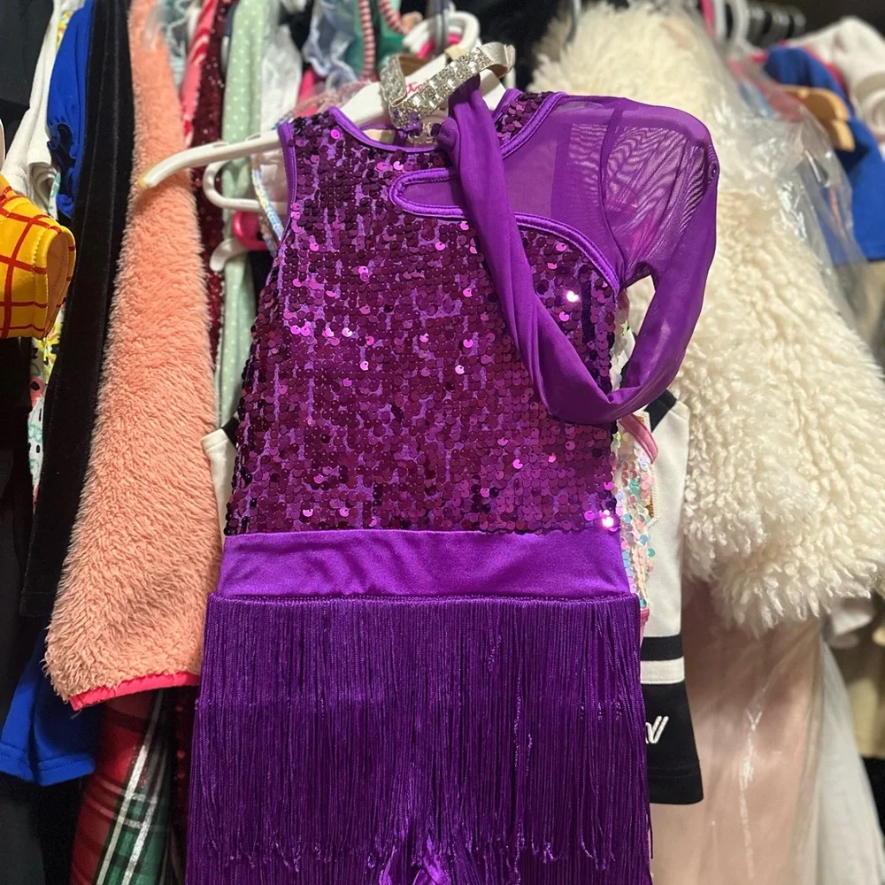 Purple Dance Costume with Fringe and Sequins